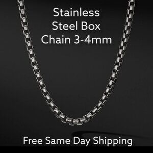 Stainless Steel Box Chain 3,4mm Size 21.5in Unisex, Hip Hop Jewelry Women, Men